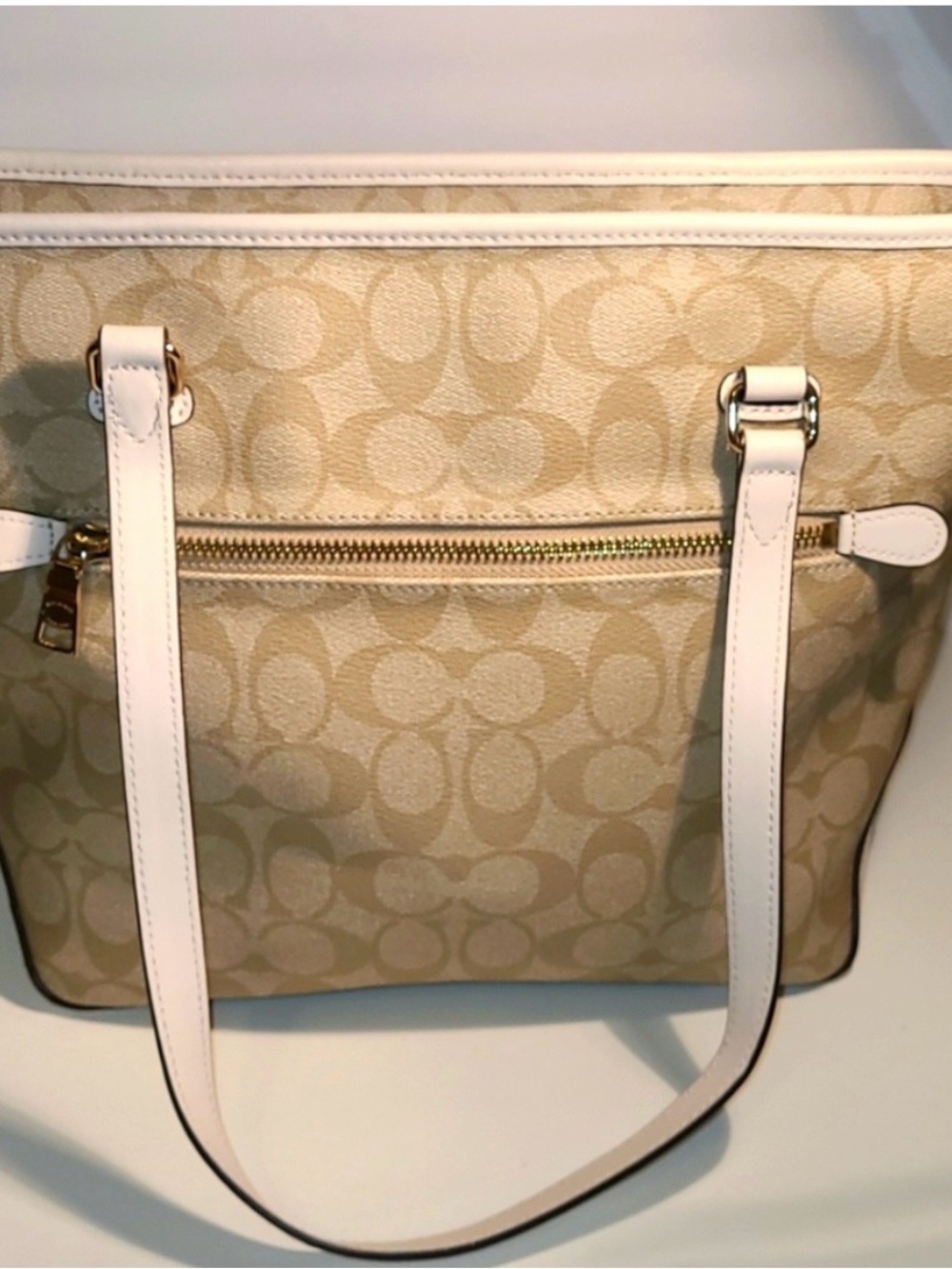 Coach Beige Signature Canvas Tote with Chalk Straps - Picture 2 of 9